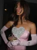 Базовые повседневные платья Розовое атласное женское длинное платье без бретелек в форме сердца с блестками ультратонкое банкетное вечернее платье Vestido 2024 женское весеннее вечернее платье J240130