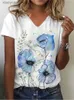 Camiseta para mujer Camiseta holgada de manga corta con cuello en V de verano para mujer Camiseta blanca de moda para mujer Camiseta con estampado de flores centrada en 3D Top ropa informal 240130