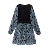 Robes décontractées Femme Élégant Velours Réservoir Patchwork Robe 2024 Automne Femme Vintage Bleu Imprimé Mini Dames Taille Haute A-ligne