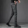 Autumn Men's Brushed Plaid Casual Pants Fashion Korean Elastic Cotton Slim Straight Work Trousers Brand Clothes Black Grey Blue 240125