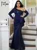 Plus Size Kleider Missord Blaues Pailletten-Abschlussballkleid für Damen, elegant, eine Schulter, lange Ärmel, drapiert, figurbetont, Meerjungfrau, Party-Abend