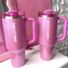 Winter Pink Sparkle Cosmo Tazas Quencher H2.0 40 oz Vasos de acero inoxidable Tazas Mango de silicona Tapa Paja Coche Botellas de agua con aislamiento al vacío 0130