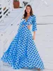 Casual Dresses 2024 Boho Print Deep V Women Dress Naked Midjel Lång ärm A-Line Summer Chic Beach Style Maxi