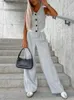 Summer Autumn Two Piece Set for Women Fashion Sleeveless Rands Vest Blazer Top och Ruched Wide Pants Office Suit 240124