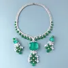 Luxurious Fashion Necklace Stud Earrings Women Lady Inlay Zircon Synthetic Paraiba Big Pendant Green Beads Chain Jewelry Sets 240118