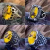 Cluster Rings Female Ring Men's Large Oval Natural Agate Stone Retro Trend Inlaid Yellow Zircon Ant Gem Stainless Steel