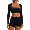 Women's Tracksuits CHQCDarlys Women Workout Sets 2 Piece Yoga Outfits Casual Long Sleeve Square Neck Crop Tops And Shorts Set Activewear