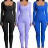 Womens Yoga Slim Fit Jumpsuit Solid Ribbed Knit Long Sleeve Square Neck Bodycon Romper Work Out Sport Playsuits 24030