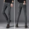 Summer Thin Stretch Jeans Men's Slim Fit Skinny Pants Korean Casual Retro Snowflake Pants Men's Fashion Skinny Jeans Men Gray 240126