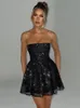 Mozision 우아한 끈이없는 섹시한 미니 드레스 여성 패션 블랙 오프셔 뒷면 등이없는 주름 스팽글 스파클 클럽 파티 24030
