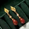 Dangle Earrings Old Fu Style 9999 Sterling Silver Natural South Red Agate Eardrops S925 Gold Plated Magnolia Ancient