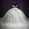 Białe błyszczące vestidos 15 quinceanera dressesteneage elegancki tiulowa kaplica pociąg z kanapki na ramię urodziny 16 sukienki imprezowe sukienki