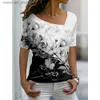 T-shirt da donna 2023 Tema floreale da donna stampato T-shirt con scollo a V Casual femminile Pullover quotidiano Nuovo design T-shirt Streetwear Estate 240130