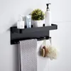 Prateleira do banheiro de alumínio preto prateleira canto quadrado banho chuveiro fixado na parede organizador rack com ganchos e toalha bar263f