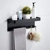 Badkamer Plank Aluminium Zwart Hoekplank Vierkant Bad Douche Plank Wandmontage Organizer Rek met Haken en Handdoek Bar263f