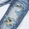 New High Street Trendy Brand Broken Hole Twilight Coconut Tree Print Folded Patch Elastic Slim Fit Wash Blue Bull