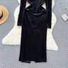 Повседневные платья Французские пышные рукава Черное бархатное платье Женское зрелое ретро с запахом талии Тонкое элегантное облегающее платье в стиле Хепберн Длинное