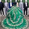 Robe de bal vert émeraude Quinceanera robes douces de l'épaule or Appliques dentelle perles Corset bal fête robes De 15 Anos