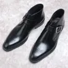 Tornozelo de couro genuíno preto marrom fivela de cinto pontiagudo sapato masculino formal elegante botas