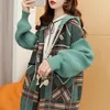 Women's Jackets Fat Mm Medium Length Cow Horn Button Sweater Cardigan Retro Plaid 2024 Autumn/Winter Loose Coat Commuting WLF