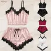 Altre mutandine da donna sexy elegante bordo in pizzo homewear pigiama set cinturino senza maniche spalle scoperte lingerie bowknot elastico in vita pantaloncini vestito YQ240130