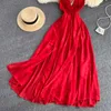 Grundläggande avslappnade klänningar ZCWXM Summer Women's Sexy Shoulder Strap Dress Korean V-ringning Party Backless Long Dress Split Beach Red/Blue Robe J240130