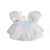 Robes de fille focusnorm 1-5y enfants filles d'été princesse robe arc-en-ciel tie-dye à manches bouffantes imprimées