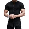 Chemises décontractées pour hommes Cardigan à manches courtes Respirant Col montant Chemise d'été Coupe ajustée Simple boutonnage en couleur unie pour le confort