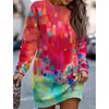 Casual Dresses Women Dress Print Round Neck Full Sleeve Loose Splice Straight Short Sweatshirts Regular Vestidos Elegant