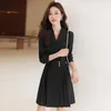 Casual Dresses Blazers Dress Office Lady Long Sleeve Formal Solid Elegant Suit Collar Pockets Slim Knee-Length Women'S