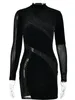 Casual Jurken Stinkende gouwe Winter Mesh Patchwork See Through Bodycon Jurk Fluwelen Mode Vrouwen O Hals Lange Mouw Sexy Mini 2024