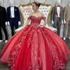 Charmante rouge Quinceanera robes dentelle Appliques perles Tull princesse hors de l'épaule fille robes de fête d'anniversaire doux vestidos de 15