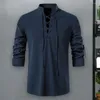 Chemises décontractées pour hommes Col montant Croix à lacets Hommes Chemise à manches longues Évacuation de l'humidité Anti-boulochage Couleur unie Slim Top Streetwear