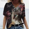 Damen T-Shirt V-Ausschnitt T-Shirt Damen Sommer Casual Oversize Dazzle Color Cats Print Shirt Kurzarm Top Vintage FemaleStreetwear Y2k Kleidung 240130