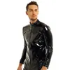 Sexy Set Mens Sexy Shiny Wetlook Leather Shirt Erotic Shaping Sheath Latex Casual Coat Male Glossy Metallic PVC Leather Jacket Tops Sexi
