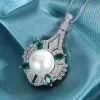Necklace Charms 14mm White Pearl Ruby Emerald Lab Diamond Pendant Necklace Ring for Women Wedding Engagement Party Jewelry Sets Fine Gift