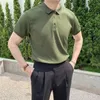 2023 Casual Knitted Polo Shirt Mens Casual Solid Down Button Short sleeved T-shirt Breathable Lightweight Luxury M-3XL 240130