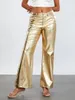 Damesbroek Wsevypo Metallic rechte pijpen, lange mode, lage taille, knoop, glanzende gouden broek, los met zakken