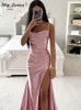 Solid Satin Backless Side Split Maxi Dress Women Summer Sexy Slim Off Shoulder Ruched Bodycon Female Party Evening Dresses 24030