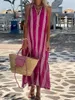 Robes décontractées basiques jupe longue élégante femme col en v sans manches loisirs vacances robe de plage femme rétro imprimé jupe longue bohème J240130