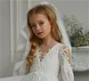 Boho Garden Beach Wedding Flower Girl Dresses V Neck Spets Appliced ​​med långa ärmar Kids Birthday Party Glows Golvlängd Toddler Första nattvardsklänning CL3262