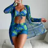 Mulheres Swimwear 2024 Verão Mulheres Impresso Swimsuit Vest com Peito Pad Boyshorts Set Long-Sleeve Cover Ups 3 Peças Férias Beachwear