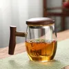 Verres à vin tasse à thé en verre de 400ml, avec poignée en bois, filtre, doublure intérieure, tasse à thé de brassage, bureau, grande capacité, couvercle en acier et bois