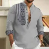 2024 Spring/Summer Leisure Mens Long Sleeved Button Down Shirt Loose Henry V-Neck Beach Top T-Shirt AS Gift 240130