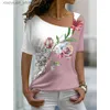 T-shirt da donna 2023 Tema floreale da donna stampato T-shirt con scollo a V Casual femminile Pullover quotidiano Nuovo design T-shirt Streetwear Estate 240130