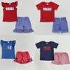 Kläder set grossist baby flicka 4 juli sommar set barn småbarn korta ärmar broderi flaggskjorta tee barn spädbarn pläd shorts shorts