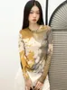 Women's T Shirts Yedinas Mesh Tops Long Sleeve Shirt Women Clothes Fairycore See Through Y2k Skinny Tie Dye Tee E-girl Tshirts Summer 2024