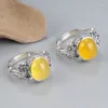 Bagues de cluster Style ethnique 925 Sterling Argent Ovale Jaune Chalcédoine Bague Pour Femmes Vintage Petite Fleur Feuille Réglable Bijoux Ouverts