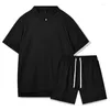 Männer Trainingsanzüge 2024 Frühling Sommer Herren Kleidung Kurzarm Stehkragen Waffel Tops Und Shorts Zwei Stück Sets Männer Outfits Casual Solide