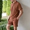 Männer Trainingsanzüge 2024 Frühling Sommer Herren Kleidung Kurzarm Stehkragen Waffel Tops Und Shorts Zwei Stück Sets Männer Outfits Casual Solide